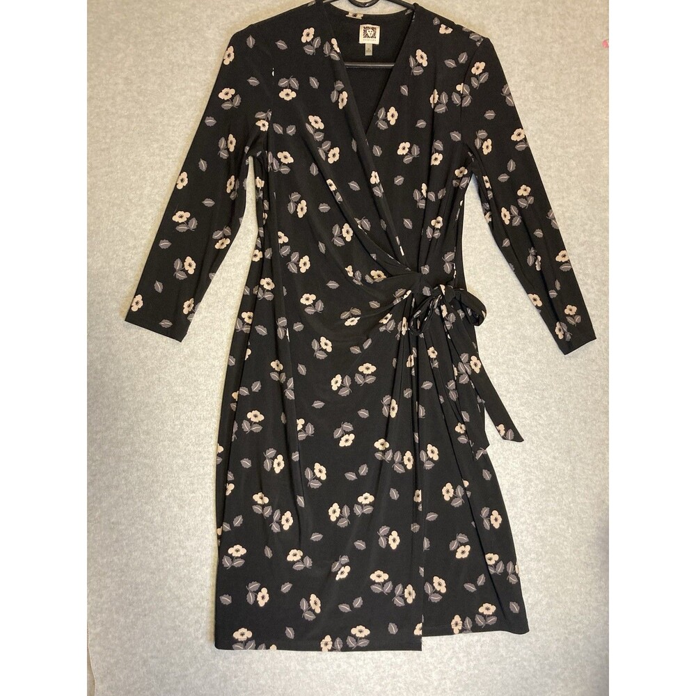 anne klein dress Sz M Dress Faux Wrap Black Floral Basic Classic 3/4 Spring